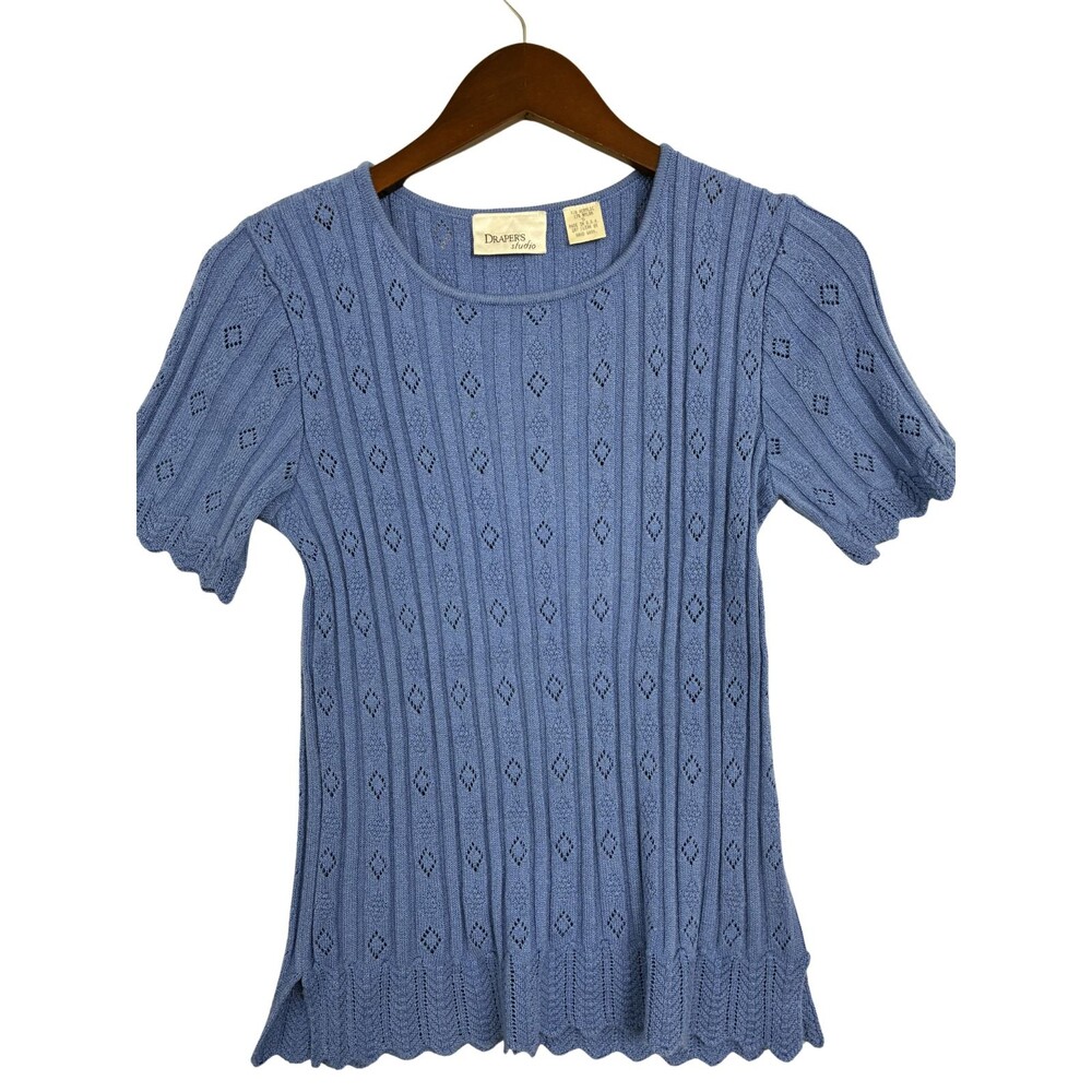 Draper's Studio Women's S Blue Pointelle Ribbed Knit Short Sleeve Top USA